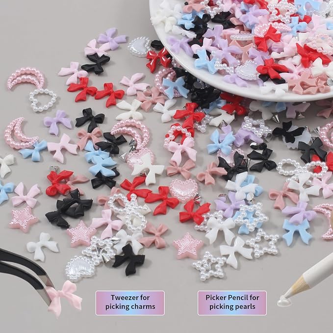 Artdone Nail Art Studs Glitter Kit, 12 grids 8 Colors 3D Charms and Pink Mix White Star Heart Moon Cute Nail Jewels for DIY Decoration