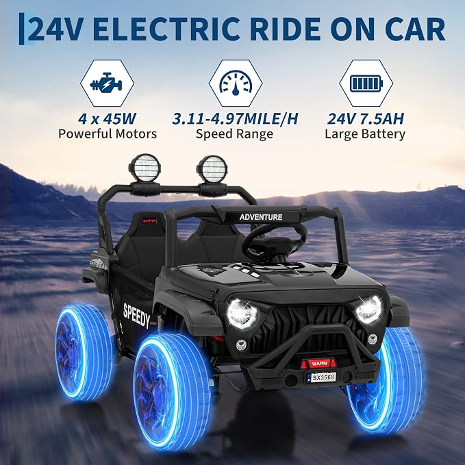 2 Seater Ride on Car for Kids, 24V Ride on Toy, Fast 4.97MPH Truck, 4WD Kids Electric Vehicles with Remote Control, Spring Suspension, Front & Behind LED Lights, Dual Storage, 3 Speeds, Music, Black