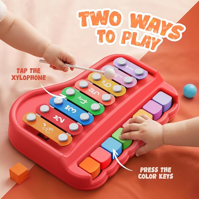 Gleesfun 2005 2-in-1 Baby Piano & Xylophone for Toddlers 1-3 Years | Portable Musical Toy, Educational Music Learning Instrument, Includes Mallet, Sensory Fun, For Home & Travel
