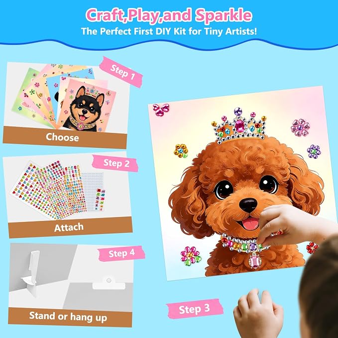 Marlrin Puppy Gem Crafts for Girls Ages 3-8, Dog Diamond Art Kit for Kids | 8 Pack Sticker Art, 1000+ Gems, Peel & Stick No Mess, Display Stand, Easy Crafts, Birthday & Christmas Gift for Girls