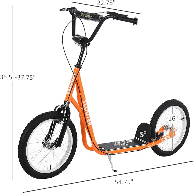 Aosom Youth Scooter Kick Scooter for Kids 5+, Max Load 220 LBS., with Adjustable Handlebar, 16" Inflatable Wheels, Dual Brakes