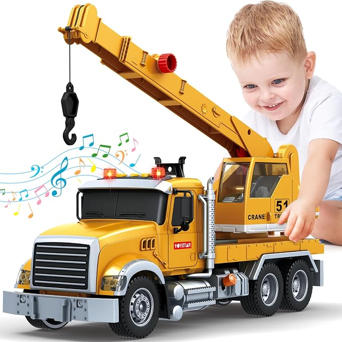 Bstoyder Kids Toys for 3 4 5 6 7 8 Years Old Boys, 15" Crane Truck Toy with Lights, Sounds, Toddler Friction Powered Truck Vehicle Toy for Boys Girls Birthday Gifts