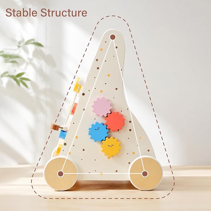 Pillowhale Wooden Baby Walker with Wheels Montessori Activity Push Walker Toy for Toddlers Adjustable Speed & Activity Center for Girls Boys 12M+