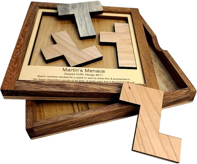 Creative Crafthouse Martin's Menace Large Stewart Coffin Wood Puzzle | Design number 217. Four packing pieces in a 6 inch square that look easy and are not. A tough desk gift, made in USA