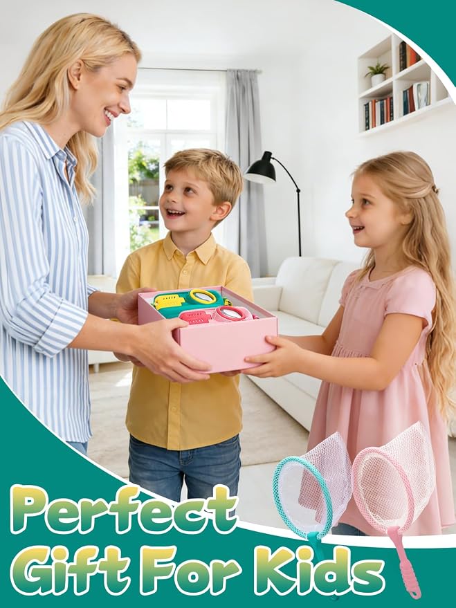2Sets Bug Catcher for Kids - Sturdy Kids Bug Catching Kit Gifts with Collector Butterfly Net Tweezer, Bugs Habitat Outdoor Explorer Kit for Age 3 4 5 6 7 8, 8Pcs, Pink & Blue