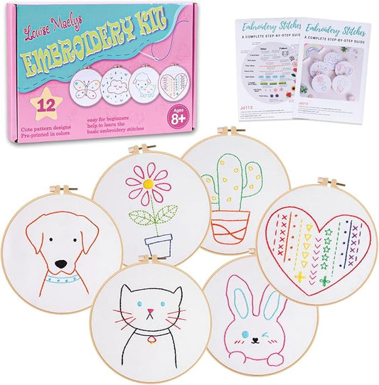 Louise Maelys 12 Pre-Stamped Embroidery Kits for Beginners, Cross Stitch for Kids Girls,DIY Needlepoint Craft Sewing,Practice Kit Supplies,Funny Cute Pattern,Perfect for Ages 8-12