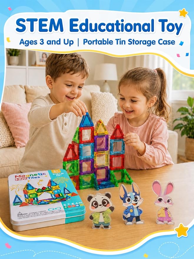 45PCS Mini Magnetic Tiles for Kids Ages 3-8, Travel Magnetic Building Blocks Set with 5 Cartoon Animal Figures, STEM Toys for Boys Girls, Portable Tin Case, Rabbit Panda Frog Fox Wolf