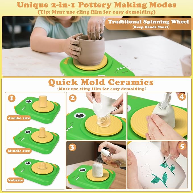 Pottery Wheel for Kids, Art Supplies Arts & Crafts Kit, Crafts Toys for Girls 6+, Pottery Studio Craft Kit with 4 Pack Air-Dry Clay,Girls Toys Birthday Christmas Gift for Kids Ages 6 7 8 9 10 11 12+