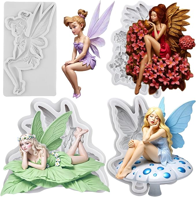 Flower Fairy Silicone Molds Butterfly Fairy Angel Polymer Clay Mold for DIY Craft Epoxy Resin Casting Air Dry Polymer Clay Jewelry Making Crafts Tools Set of 4