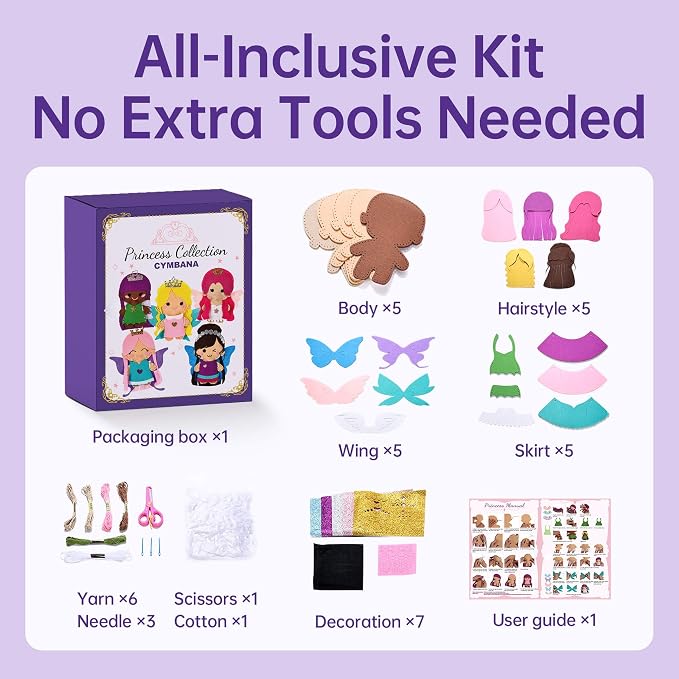 Cymbana Sewing Kit for Kids 5 Princess, Make Your Own Beginner Sewing Kits Ages 6+, Felt Craft Fashion Designer Kits for Girls