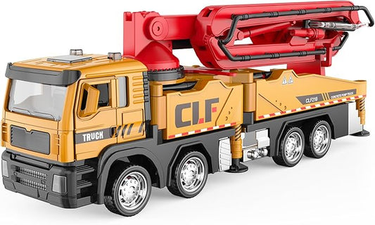 1:50 Die-Cast Concrete Pump Truck Toy, Pull-Back with Lights & Sounds, One-Key Water Spray, Opening Doors Extendable 4-Joint Robotic arm, for Kids 3-9