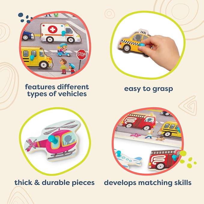 B. toys – Peek & Explore – Vehicles – Wooden Peg Puzzle for Toddlers, Kids – 8 Pieces – Fire Truck, Airplane, Taxi & More – 2+ Years