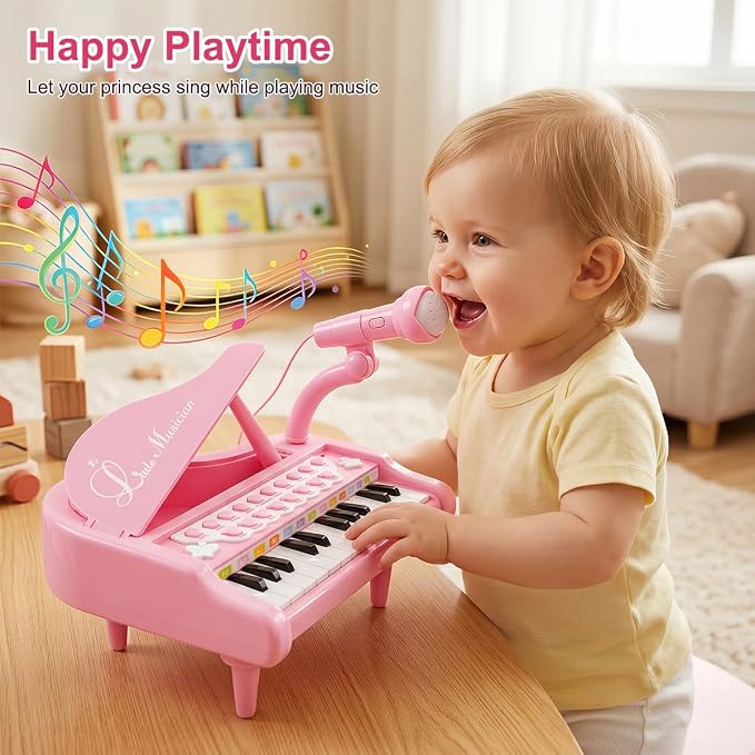 Love&Mini Pink Piano Toys for 1+Years Old Girls First Birthday Gifts Toddler Piano Music Toy Instruments with 24 Keys and Microphone