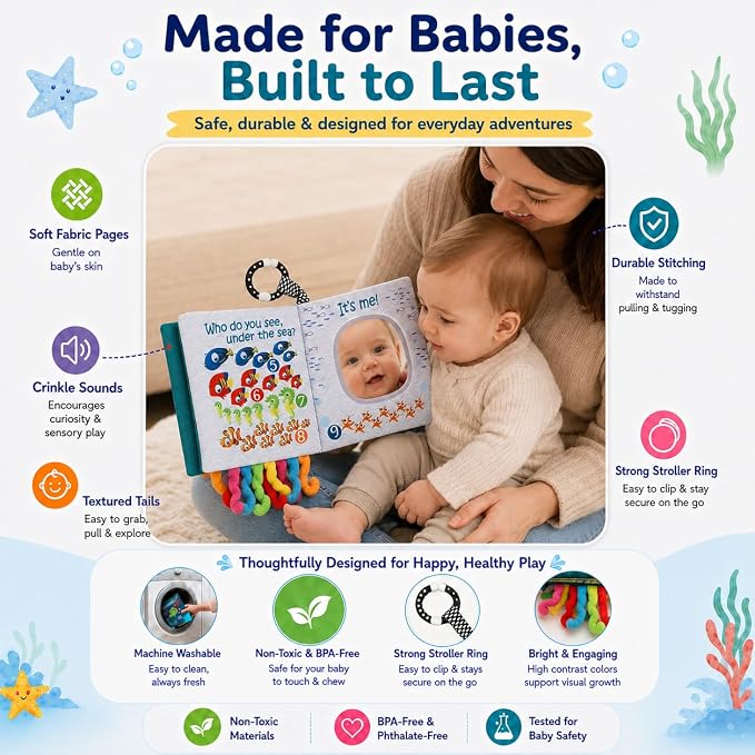 Fish Baby Book, Crinkle Books for Babies, Touch & Feel Soft Books, Infant Baby Toys 0-3 0-6 6-12 Months, Sensory Mirror Toy,Teether Ring, Baby Shower, Baby Basket Stuffers,Gifts for Boys Girls -Green