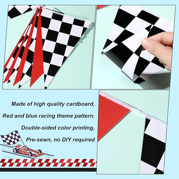 Tiamon 5 Pcs Racing Car Flag Banner Party Decorations Red Black White Checkered Triangle 49.2 Ft Flag Race Car Pennant Banner Garland Streamer for Birthday Baby Shower 2nd Two Fast Party Supply
