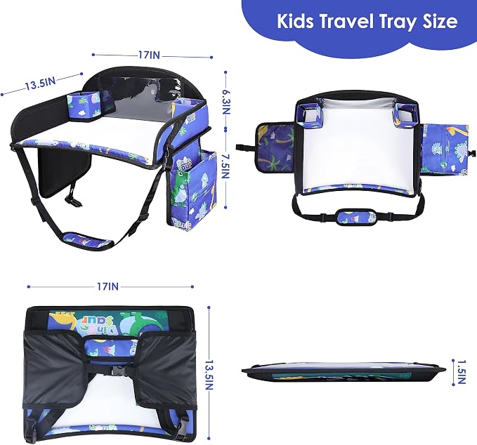 2PCS Kids Travel Tray for Airplane - Toddler Car Seat Table Tray, Road Trip Essentials for Boys & Girls, Carseat Lap Desk for Kids Road Trip Activities (Blue Dinosaur/Purple Mermaid)