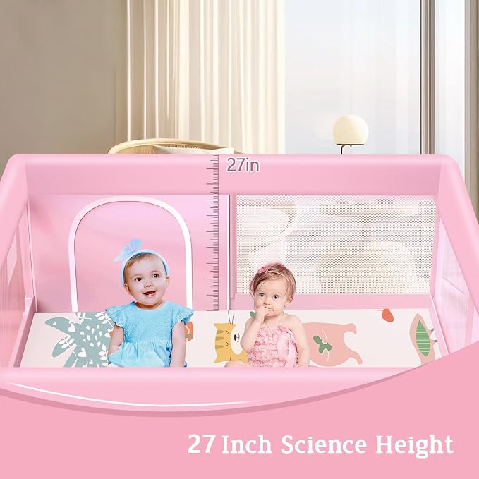 Pink Baby Playpen with Mat, 50x50 Inch Playpen with Mat Waterproof for Babies and Toddlers Play Pen for Girls Pink Playards Safety Gate Fence Active Center Indoor