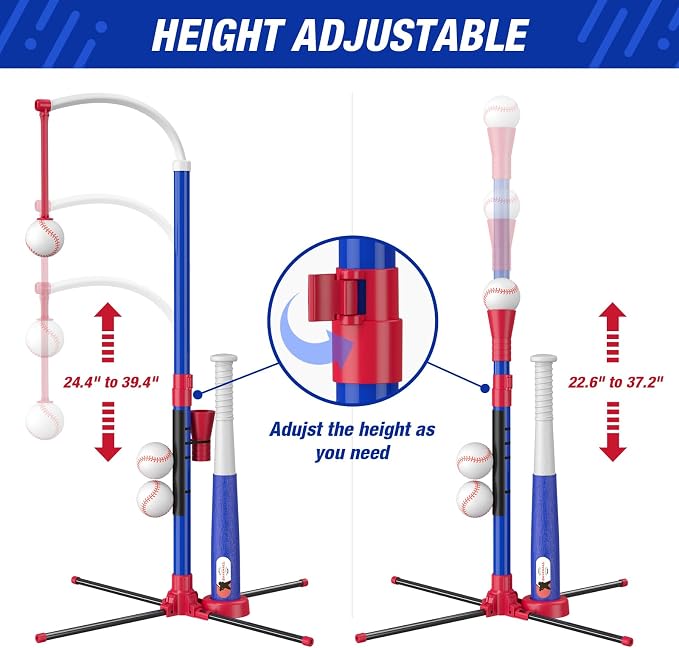 HYES 4 in 1 T Ball Sets for Kids 3-5 with Toss and Catch Ball Set, Hanging Tee Stand with Auto Pitching Machine/ 2 Bats, Indoor Outdoor Toys Birthday Baseball Gifts for Toddler Boys Girls, Blue