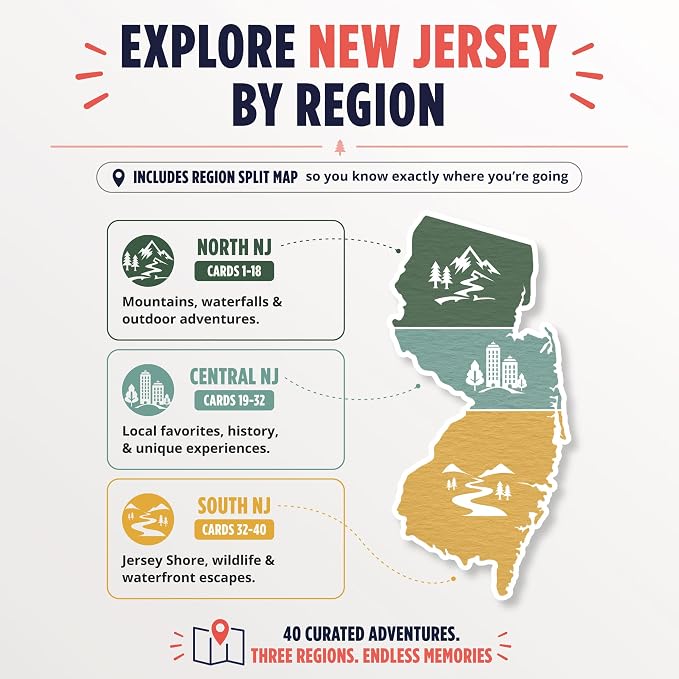 New Jersey Bucket List Scratch Off Cards - 40 Adventure Cards with Region Split Map, Hidden Gems, Scenic Escapes & Local Favorites - Travel Gift for Couples, Families, Friends & Tourists