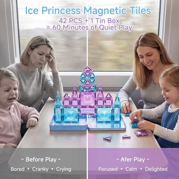 burgkidz Magnetic Travel Tiles for Kids 3-8: 42PCS Large & Small Ice Blue Purple Glitter Blocks – 2-in-1 Storage & Base – 90+ Min Quiet Play, 300+ Builds, 30s Cleanup – Car & Plane Toys for Girls