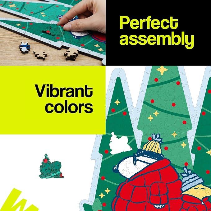 Peanuts Snoopy Puffer Coat Puzzles for Adults – 300 Pieces Unique Shaped Christmas Tree Wooden Puzzles, for Kids, 5MM Thick, Officially Licensed Merchandise – Singing Spirits, 11" x 16.5"