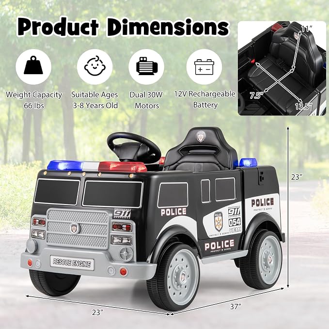 Costzon Ride on Police Car, 12V Battery Powered Electric Cop Cars for Kids w/3 Speeds, Megaphone, Music, FM Radio, Flashing Lights, Sirens, Ride on Toy w/Remote Control for Boys Girls 3+(Police Truck)