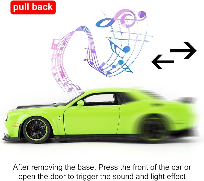 WAKAKAC Toy Cars Compatible for 1:32 Dodge Challenger SRT Hellcat Model Cars, Pull Back Die-cast Vehicles, Collectible Cars with Sounds＆Lights for Kids Boys Girls and Adults, Gift Green