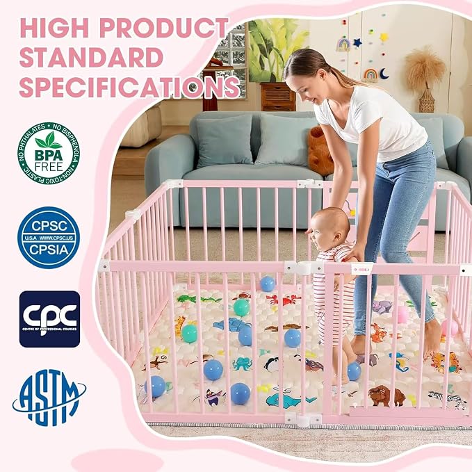 Foldable Wooden Baby Playpen with Soft Play Mat, Adjustable Playpen for Babies and Toddlers with 36 Colorful Balls, Portable Baby Fence Play Area Activity Center with Gate for Toddlers(56x56x23inches)