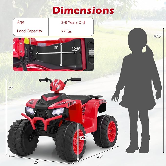 Costzon Kids ATV, 24V Four Wheeler Quad Ride on Car w/Forward/Backward, 2 Speeds, Wireless Connection, Music, Radio, LED Lights, Electric Vehicle Toddler 4 Wheeler for Kids, Boys & Girls 3-8 (Red)