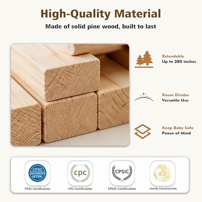 Baby Playpen, 56 * 56 * 24 inches Wooden Play Yard with Gate, Playpen for Babies and Toddlers, Baby Activity Center with Child-Proof Lock, Fence Play Area for Toddlers 6 to 36 Months