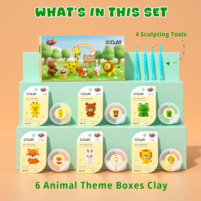 Air Dry Clay for Kids - 6 Animal Themed Modeling Clay Kit, Model Magic Clay with Sculpting Tools and Tutorials, Ultra Light & Soft, Non-Toxic & Safe, DIY Arts and Crafts School Projects for Kids