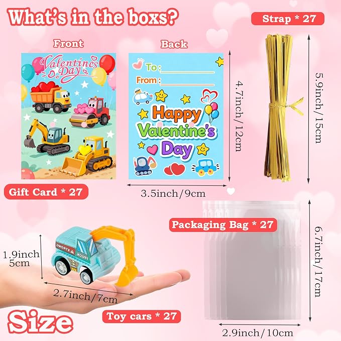 Car Toys for Ages 3-5 Kids - 27PCS Valentine Gifts with Pull Back Cars Truck Vehicles Set for Boys Girls, Construction Toy for Class Party Favors, Potty Training Reward for Kid Classroom
