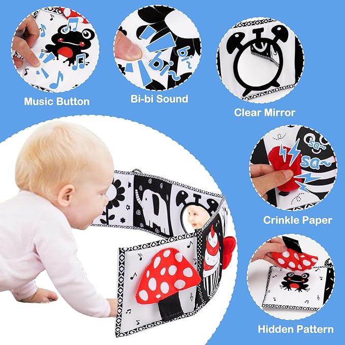 Black and White High Contrast Toys for Baby 0-3 3-6 months Infant Tummy Time Soft Book Sensory Musical Toy 0-2-4-6 month Babies Brain Development Crinkle Book Mirror Newborn Shower Gifts Boys Girls