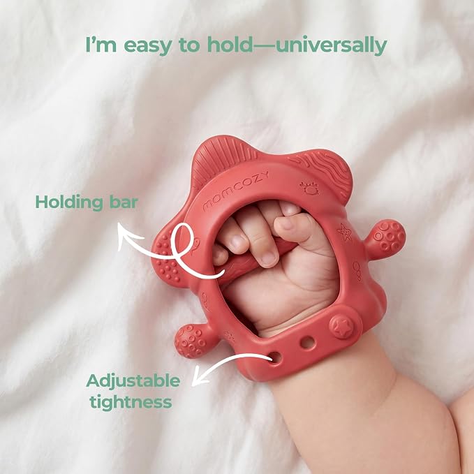 Momcozy Teething Toys, Food Grade Silicone Baby Teether，Teething Mitten for Babies 0–6 Months，Teethers for Babies 6–12 Months，Anti Drop Wrist Teether with Multiple Chew Points，Baby Shower Gifts, Red