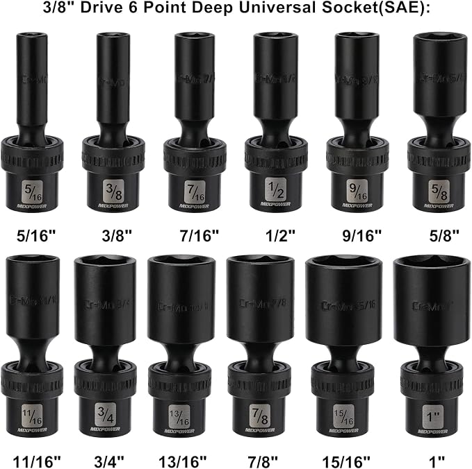 MIXPOWER 3/8" Drive Deep Impact Universal Joint Swivel Socket Set, SAE, 5/16" - 1", Deep, Flexible Wobble, Chrome Molybdenum Steel, 12 Pieces Set