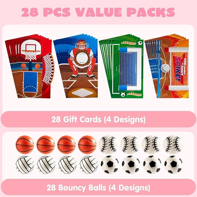 JOYIN 28 PCS Valentine’s Day Cards with Soccer Football Volleyball Basketball for Kids Valentine's Classroom Exchange, Valentine's Party Favors, Valentine’s Day Games Toys, Sports Game Cards