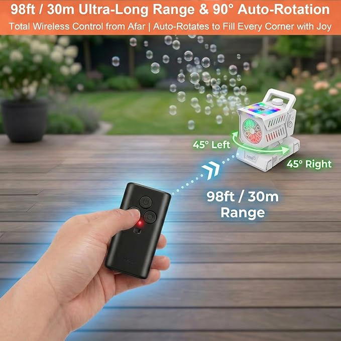 Bubble Machine for Kids, Rechargeable Bubble Blower with Remote & RGB Lights, Automatic Rotating Battery Bubble Maker for Birthday Parties, Weddings, Outdoor Activities