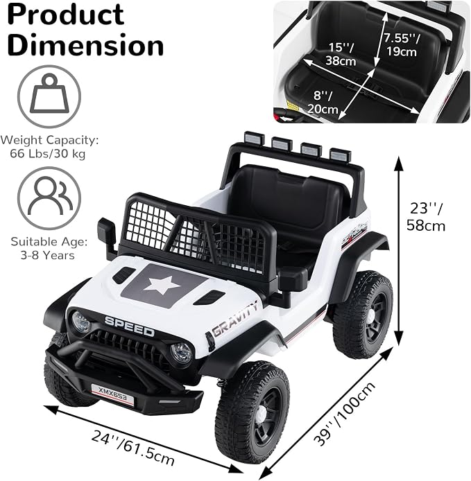OLAKIDS 24V Ride on Car with Remote Control, Bluetooth, LED Lights, Horn, Spring Suspension, High/Low Speeds, Soft Start for Kids Aged 3+ (White)