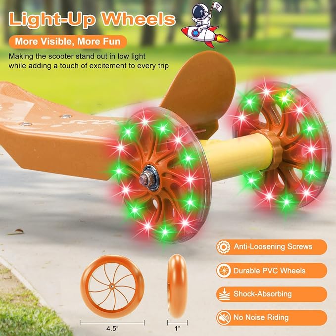 Kids Scooter - LED Light Up 3 Wheel Scooter for Kids 3-5, Adjustable Handlebar Height, Long Anti-Slip Deck,Heavy Duty Metal Scooters for Boys Girls Ages 3-5 5-7, up to 110 Lbs