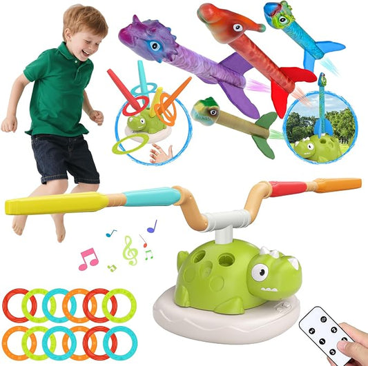 Dinosaur Rocket Launcher for Kids, 3 in 1 Outdoor Toys for Kids Ages 3-8, Stomp Rocket, Musical Jumping Toy & Ring Toss Game , Backyard Toys, Birthday Gift for 3 4 5 6 7 8 Year Old Boys Girls