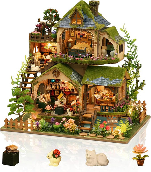 DIY Miniature House Kit, DIY Dollhouse Kits for Adults to Build, Crafts with LED Light, Forest Adventure Mini Building Kit, Birthday Gift for Family and Friends