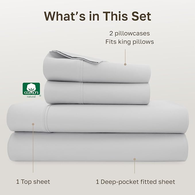 California Design Den Soft Cotton King Size Bed Sheets Set, 400 Thread Count Good Housekeeping Award Winner, Silky Smooth Sateen with Deep Pockets, Breathable and Durable King Bedding Set - Silver