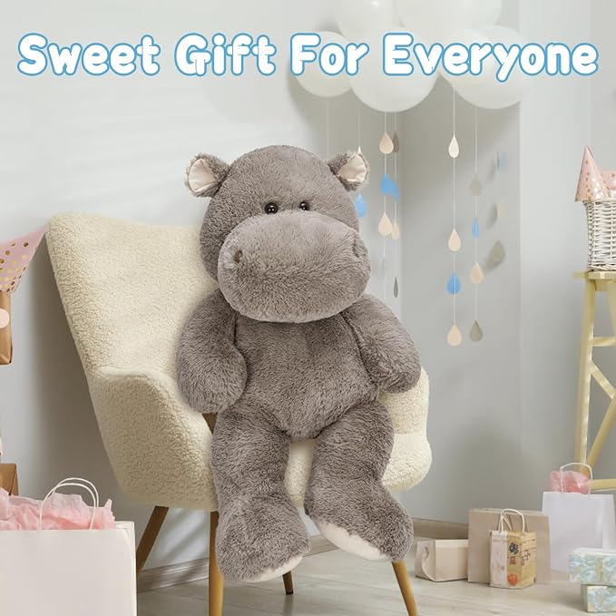 BENINY 36 Inch Giant Hippo Stuffed Animal, Oversized Gray Hippo Plush Pillow, Soft Humongous Hippopotamus Toy Gift for Kids, Boys and Girls