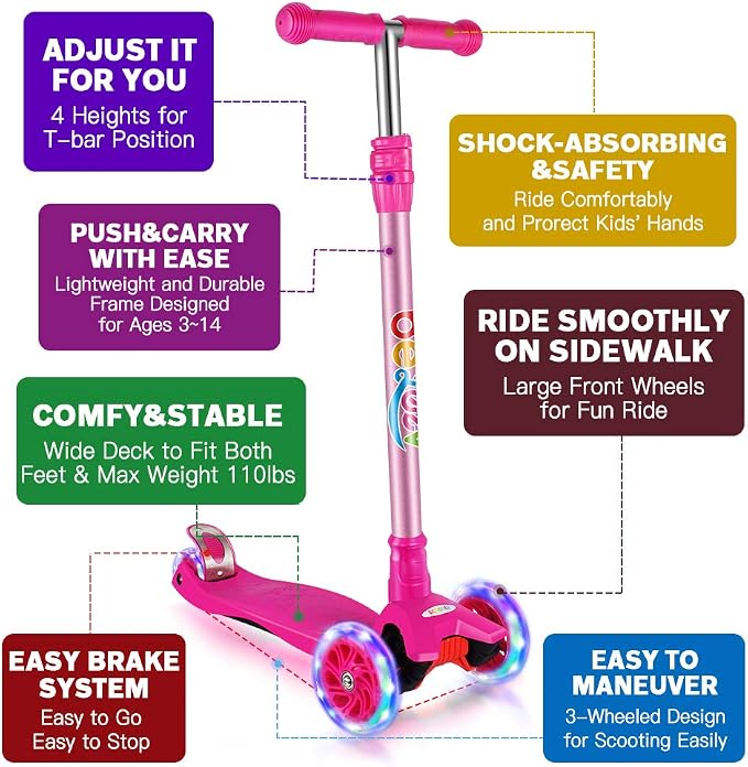 BELEEV Scooters for Kids 3 Wheel Kick Scooter for Toddlers Girls Boys, 4 Adjustable Height, Lean to Steer, Light up Wheels, Extra-Wide Deck, Easy to Assemble for Children Ages 3-12