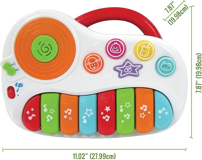 Musical Piano Toy for 1-3 Year Old Toddlers, 8-Key Rainbow Keyboard with DJ Turntable Scratchpad, 5 Light-Up Animal Buttons, Demo Songs, Volume Control and Carry Handle, Boys Girls Gift