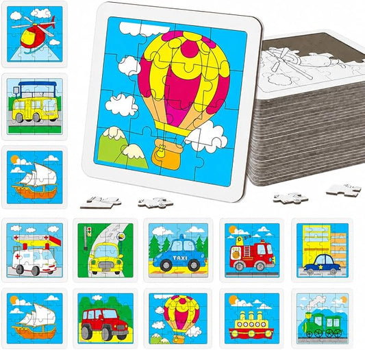 Cinrobiye 24 Pcs Transportation Coloring Puzzle Craft Kit for Kids, DIY Traffic Vehicle Jigsaw Puzzles Bulk with 12 Designs, Construction Truck Birthday Party Favors, Classroom Art Activities
