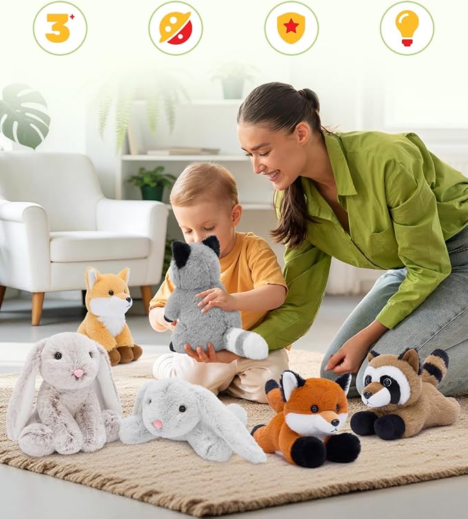 Tezituor 6 Pack Woodland Stuffed Animal Plush Toys, 8 inch Cute Bunny Fox Raccoon Plush Bulk Set, Cuddly Gift for Toddlers & Adults, Ideal for Nursery Decor & Party Favors