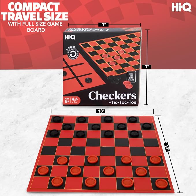 HI-Q Checkers & Tic-Tac-Toe Board Game Set – Multi-Pack Bundle for Family Game Night & Classrooms – Features Interlocking Stacking Pieces & Folding Board – Ages 6+