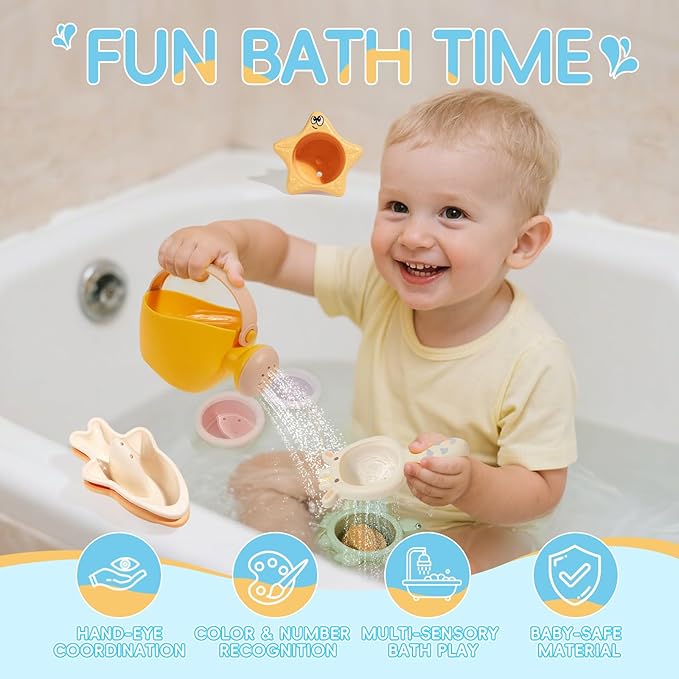 Baby Bath Toys for Kids Ages 1-3, 16PCS Mold Free Bath Toys for Toddler 2-4 & Babies 6-12-18 Months Bath Cups Watering Can Montessori Bathtub Beach Pool Water Table Toys for 1+ Years Old