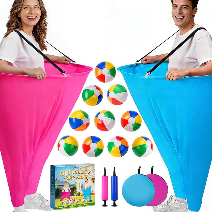 17 PCS Granny Pants Yard Game Easter Games Set, 2 Oversized Granny Funny Pants with 10 Balls, 2 Air Pumps, Outdoor Tossing Games for Kids Backyard Lawn Easter Carnival Party Reunion Gathering 4+ Ages